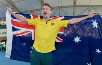 PROUD AUSSIE: John Millman celebrates Australia's Davis Cup victory against Brazil in Adelaide in March. Picture: Getty Images