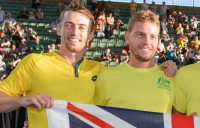 MATES: John Millman and James Duckworth celebrate Australia's Davis Cup qualifying tie win in Adelaide in March. Picture: Getty Images