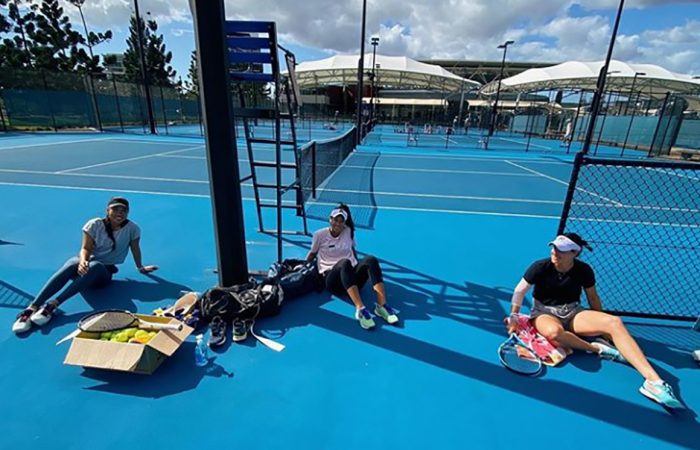 SOCIAL DISTANCING: Lizette Cabrera, Priscilla Hon and Kimberly Birrell at the Queensland Tennis Centre. Picture: Instagram