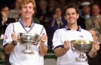 CHAMPIONS: Mark Woodforde and Todd Woodbridge celebrate winning their sixth Wimbledon gentlemen's doubles title in 2000. Picture: Getty Images