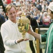 Rod Laver accepts the winner's trophy from Queen Elizabeth at 1968 Wimbledon; Getty Images 