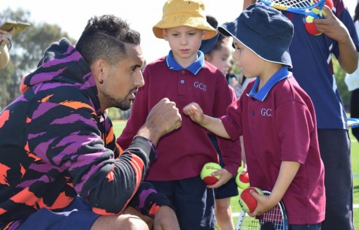 Nick Kyrgios at a school visit in Canberra. Picture: Twitter