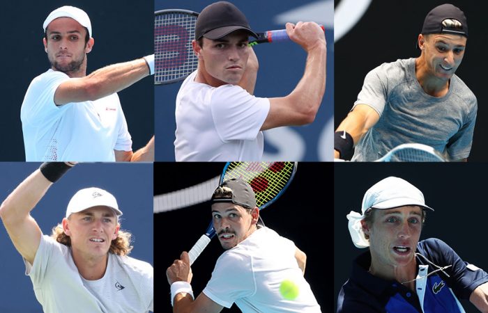 Australians Aleksandar Vukic, Christopher O'Connell, Andrew Harris, Max Purcell, Alex Bolt and Marc Polmans will compete in French Open qualifying. Pictures: Getty Images