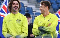 Jordan Thompson and John Millman share a laugh at a Davis Cup tie in Adelaide earlier this year. Picture: Getty Images