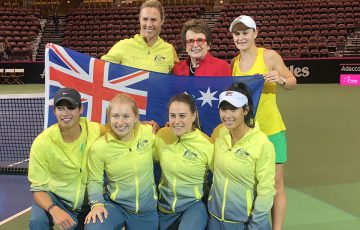 Billie Jean King with the Australian Fed Cup team in February 2019.