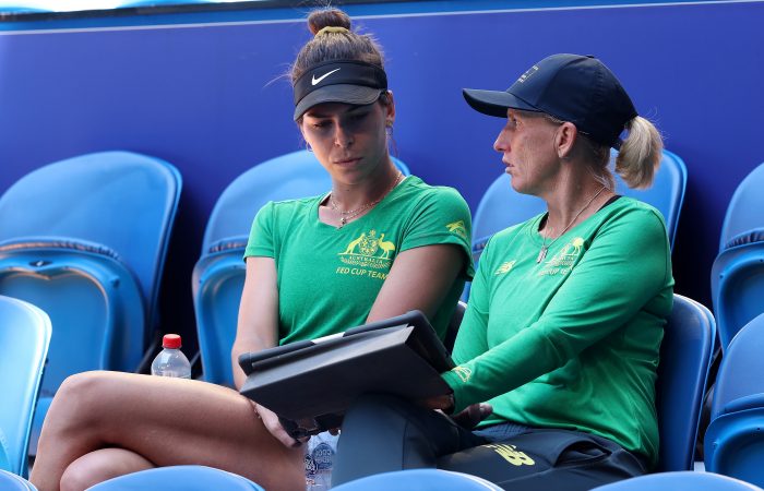 COACH: Nicole Pratt talks tactics with Ajla Tomljanovic at a Billie Jean King Cup tie. Picture: Getty Images