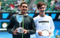 TOP JUNIORS: Nick Kyrgios and Thanasi Kokkinakis with their trophies after the Australian Open 2013 boys' singles final. Picture: Getty Images