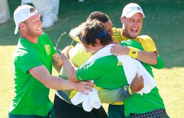 VICTORY: Sam Groth, Thanasi Kokkinakis, Nick Kyrgios and Lleyton Hewitt celebrate Australia's Davis Cup quarterfinal win in Darwin in 2015. Picture: Getty Images