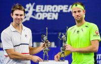 CHAMPIONS: John Peers and Michael Venus celebrate their doubles win at the European Open in Antwerp. Picture: Twitter