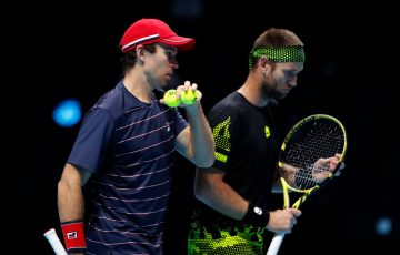 TALKING TACTICS: John Peers and Michael Venus at the ATP Finals in London. Picture: Getty Images