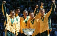 CHAMPIONS: Todd Woodbridge, Mark Philippoussis, captain John Fitzgerald, Lleyton Hewitt and Wayne Arthurs celebrate their Davis Cup victory in 2003. Picture: Getty Images