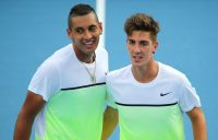MATES: Nick Kyrgios and Thanasi Kokkinakis playing doubles at Australian Open 2015. Picture: Getty Images