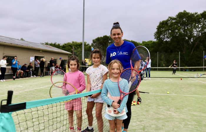 Casey Dellacqua with Cobargo community members during a Rally as one event in New South Wales.