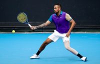 Nick Kyrgios in Murray River Open action today. Picture: Tennis Australia