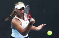 Destanee Aiava during her first-round singles win at the Melbourne Summer Series today. Picture: Tennis Australia