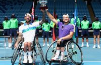 Dylan Alcott and Heath Davidson celebrate their fourth Australian Open doubles victory at AO 2021,