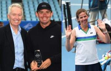 Tennis Australia CEO Craig Tiley with Archie Wren and Kelly Wren at the Australian Tennis Championships.