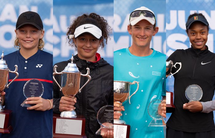 CHAMPIONS: Cruz Hewitt, Tahlia Kokkinis, Charlie Camus and Lily Taylor won the Australian Junior Claycourt Championships singles titles. Pictures: Anastasia Kachalkova 