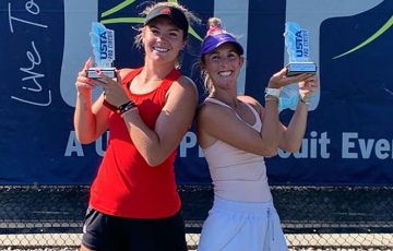 Storm Sanders, right, celebrates winning an ITF doubles title with American Caty McNally. Picture: Instagram