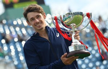 Alex de Minaur with his Eastbourne trophy. Picture: Getty Images