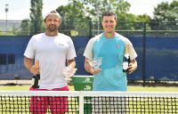 Australia's Matt Reid, left, celebrates winning an ATP Challenger doubles title in Nottingham alongside Brit Ken Skupski. Picture: Getty Images