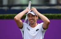 John Millman celebrates his first-round win at Queen's Club. Picture: Getty Images