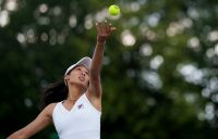 Priscilla Hon serves during her first-round Wimbledon qualifying win. Picture: AELTC
