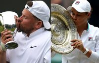 Dylan Alcott and Ash Barty celebrate their 2021 Wimbledon triumphs.