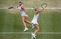 Storm Sanders lines up a smash during her Wimbledon ladies' doubles semifinal. Picture: Getty Images