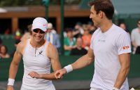 Sam Stosur and Matt Ebden are all smiles in mixed doubles action at Wimbledon. Picture: Getty Images