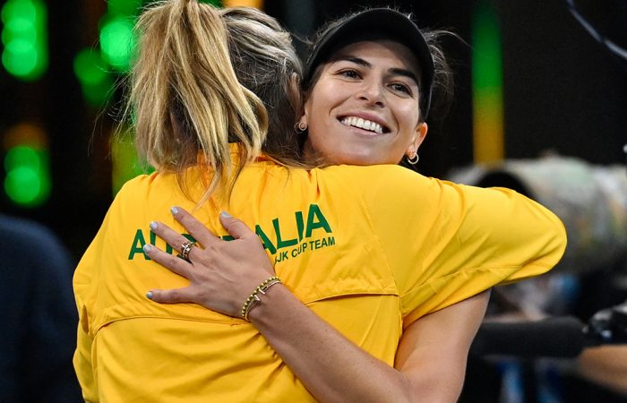 Ajla Tomljanovic embraces Australian captain Alicia Molik at the Billie Jean King Cup. Picture: ITF