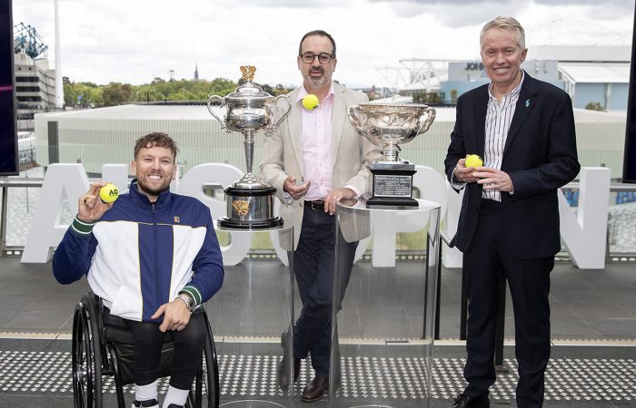 Grand Slam champion Dylan Alcott, The Hon Martin Pakula MP and  Australian Open Tournament Director, Craig Tiley at the AO 2022 launch. Picture: Tennis Australia