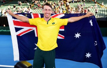 John Millman celebrates Australia's Davis Cup qualifying win in March 2020. Picture: Getty Images