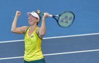 Storm Sanders celebrates her career-best win at the Billie Jean King Cup Finals. Picture: Getty Images
