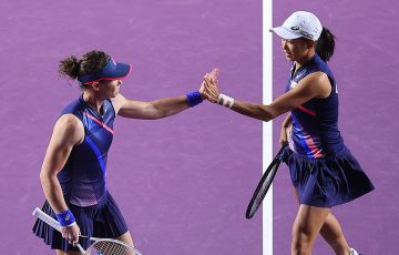 Sam Stosur and Zhang Shuai at the WTA Finals. Picture: Getty Images