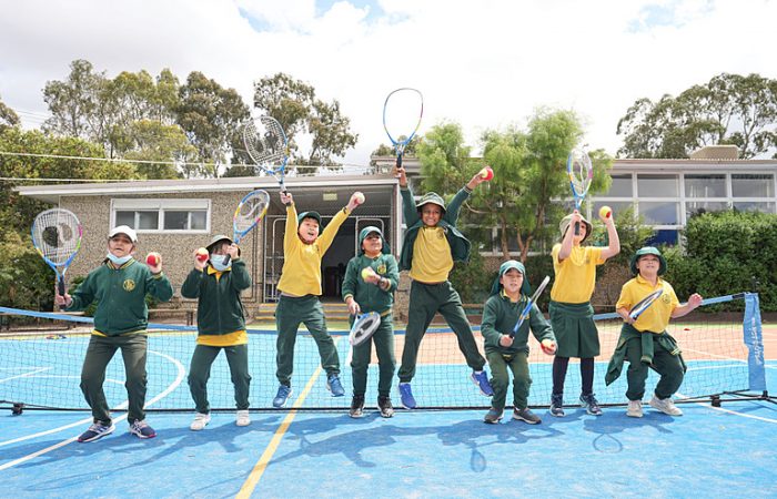 Students at Syndal South Primary School in Melbourne celebrate their new racquets. Picture: Tennis Australia