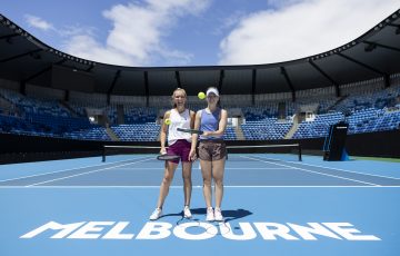 Australian Open 2022 wildcard recipients Maddison Inglis and Daria Saville at Melbourne Park's new Show Court. Picture: Tennis Australia
