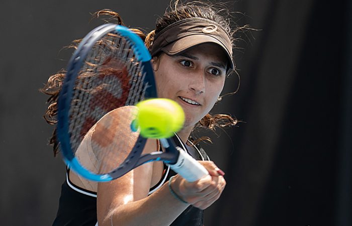 Jaimee Fourlis in action during Australian Open 2022 qualifying. Picture: Tennis Australia