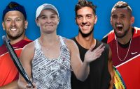 Dylan Alcott, Ash Barty, Thanasi Kokkinakis and Nick Kyrgios are chasing AO 2022 titles. Pictures: Tennis Australia