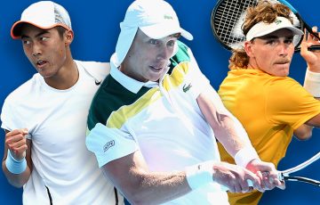 Rinky Hijikata, Marc Polmans and Max Purcell will contest AO 2022 qualifying. Pictures: Tennis Australia
