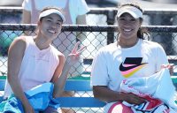 Lizette Cabrera and Destanee Aiava during a practice session at Melbourne Park. Picture: Tennis Australia