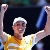 Christopher O'Connell celebrates after victory against Argentina's Diego Schwartzman at AO 2022; Getty Images 