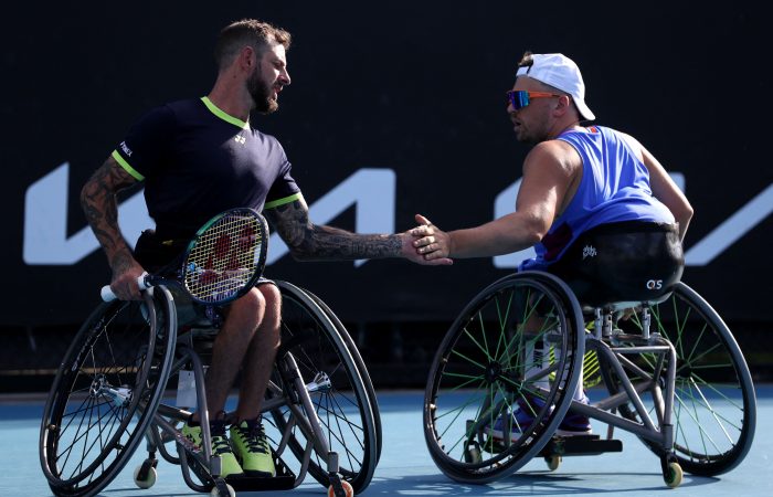 Heath Davidson and Dylan Alcott at AO 2022. Picture: Getty Images