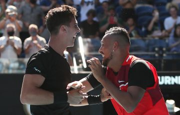 Thanasi Kokkinakis and Nick Kyrgios celebrate their AO 2022 semifinal victory. Picture: Getty Images