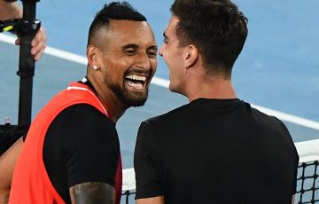 Nick Kyrgios and Thanasi Kokkinakis celebrate their men's doubles triumph at Australian Open 2022. Picture: Getty Images