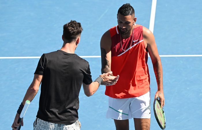 Thanasi Kokkinakis and Nick Kyrgios during their first-round doubles win at AO 2022. Picture: Getty Images