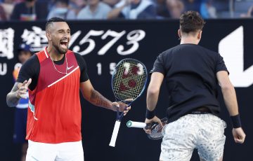Nick Kyrgios and Thanasi Kokkinakis celebrate at AO 2022. Picture: Getty Images
