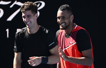 Thanasi Kokkinakis and Nick Kyrgios during their AO 2022 doubles quarterfinal. Picture: Getty Images