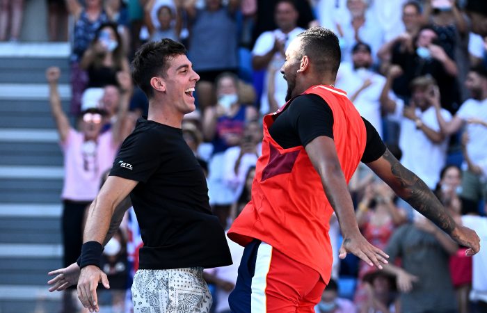 Thanasi Kokkinakis and Nick Kyrgios celebrate at AO 2022. Picture: Getty Images