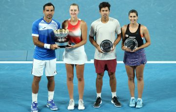 Australian Open 2022 mixed doubles champions Ivan Dodig and Kristina Mladenovic with runners-up Jason Kubler and Jaimee Fourlis. Picture: Getty Images